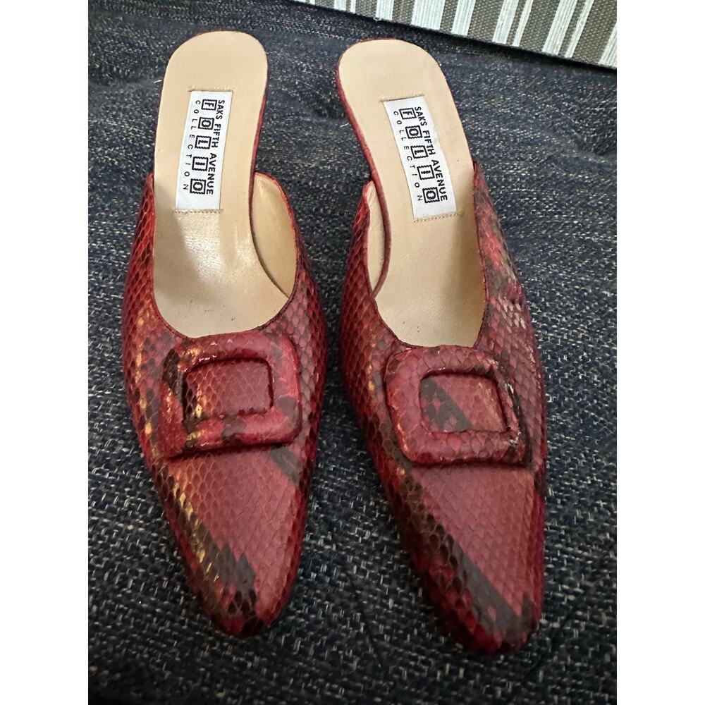 Vintage Leather Saks Fifth Avenue Folio Collection Red  Snakeskin Buckle Mules